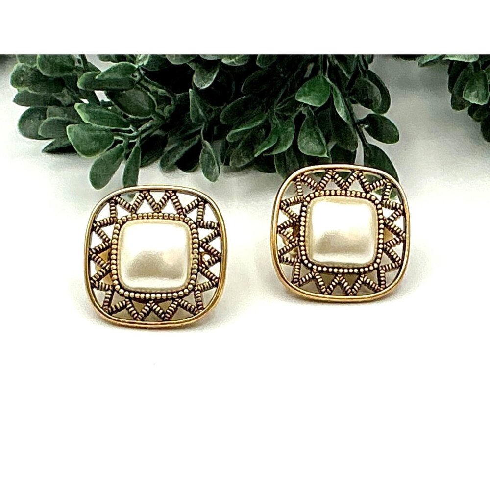 Vintage Gold-Tone Clip-On Earrings With Faux Pearl Center and Filigree Design